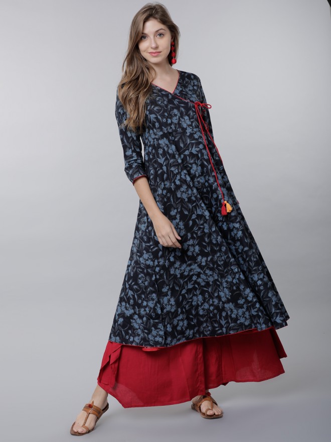 vishudh women navy blue printed anarkali kurta