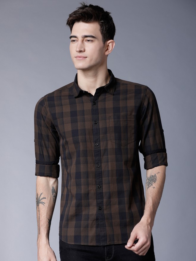 Buy Highlander Brown/Black Slim Fit Checked Casual Shirt for Men Online ...