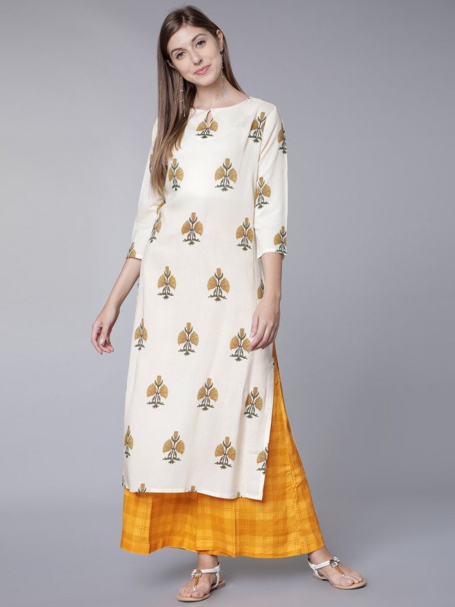 Buy Vishudh Yellow Floral Printed Straight Kurta with Palazzo for Women ...