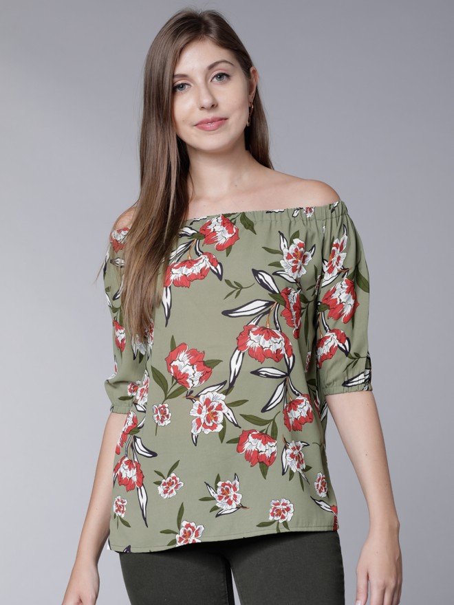 Buy Tokyo Talkies Olive Green Printed Bardot Top for Women Online at Rs ...