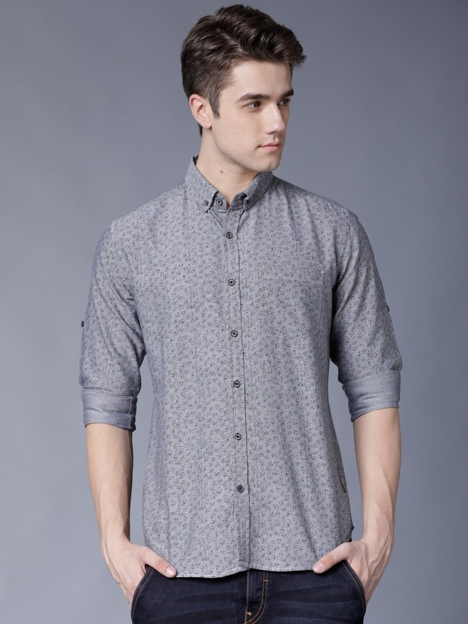 Buy Locomotive Grey/Black Slim Fit Solid Casual Shirt for Men Online at ...