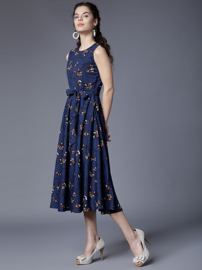 Buy Tokyo Talkies Navy Blue Printed Fit & Flare Dress for Women Online ...