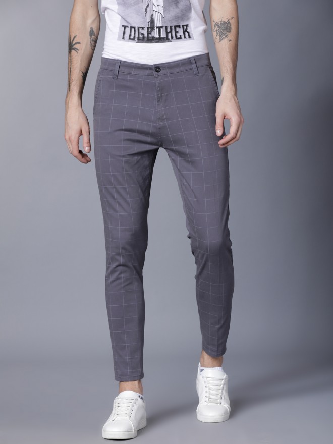 Buy Highlander Grey Casual Checked Slim Fit Trousers for Men Online at ...