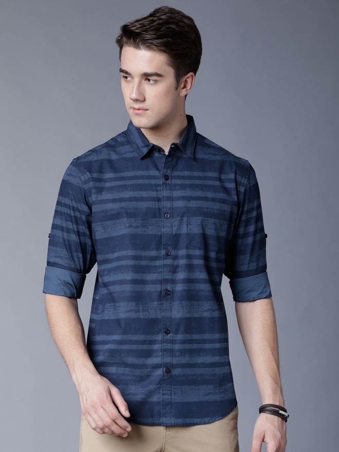 Buy Highlander Navy Blue & Blue Slim Fit Striped Casual Shirt for Men ...