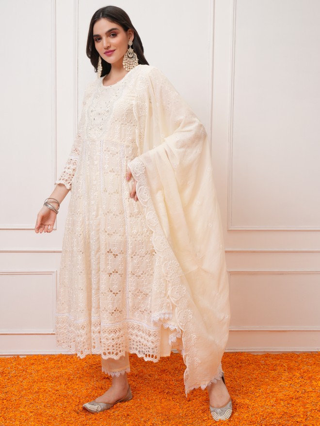 Vishudh Women Cream Embroidered Kurta With Trousers And Dupatta