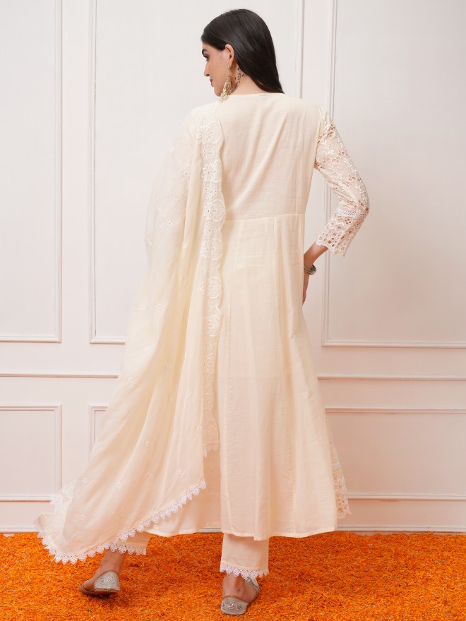 Vishudh Women Cream Embroidered Kurta With Trousers And Dupatta