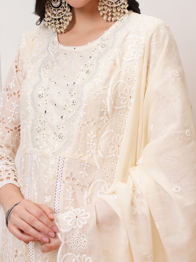 Vishudh Women Cream Embroidered Kurta With Trousers And Dupatta