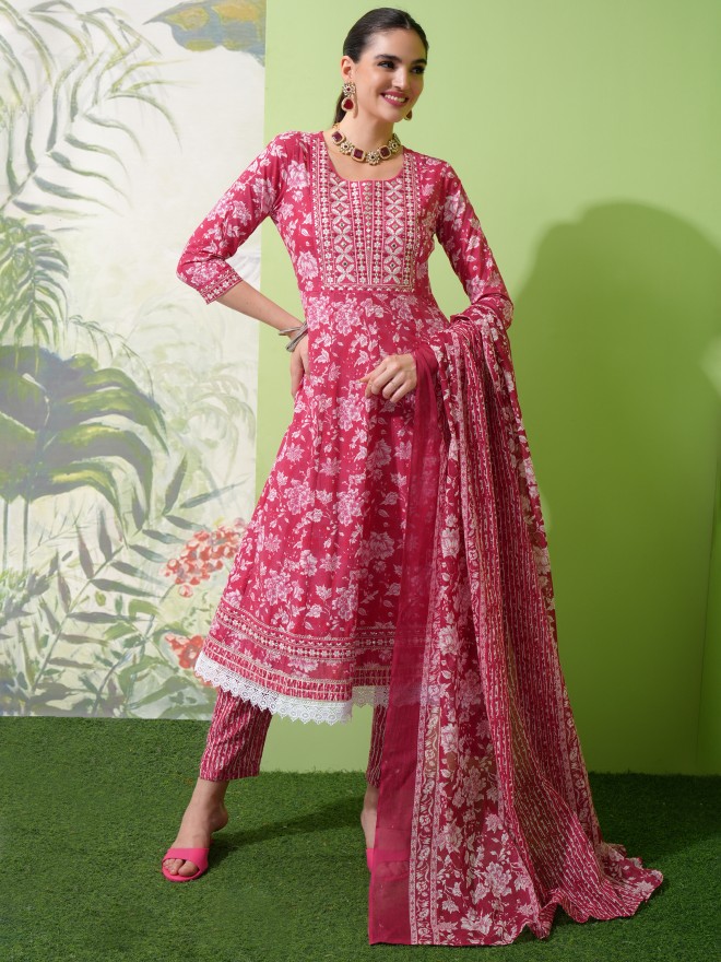 Vishudh Women Pink Printed Kurta With Trousers & Dupatta