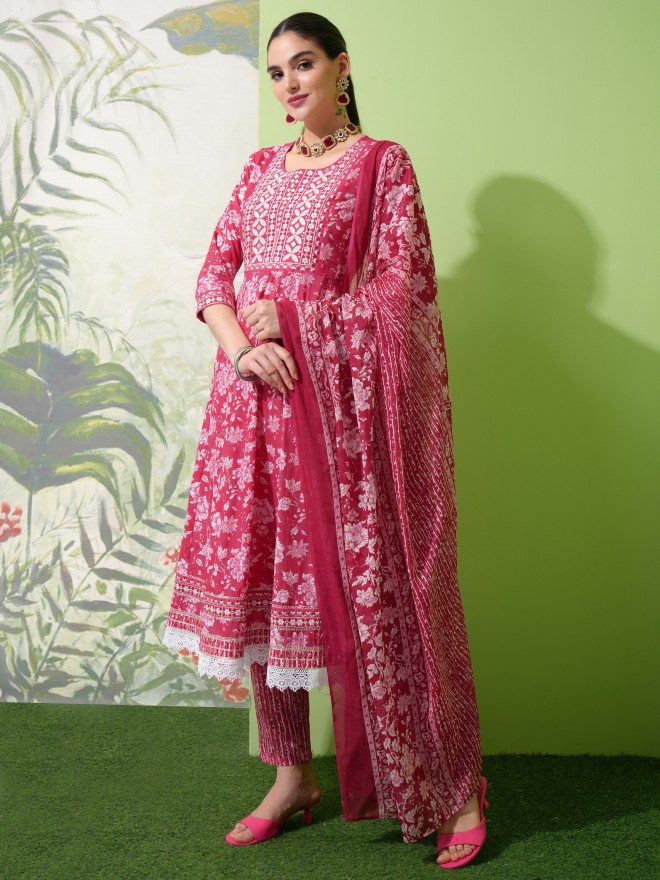 Vishudh Women Pink Printed Kurta With Trousers & Dupatta