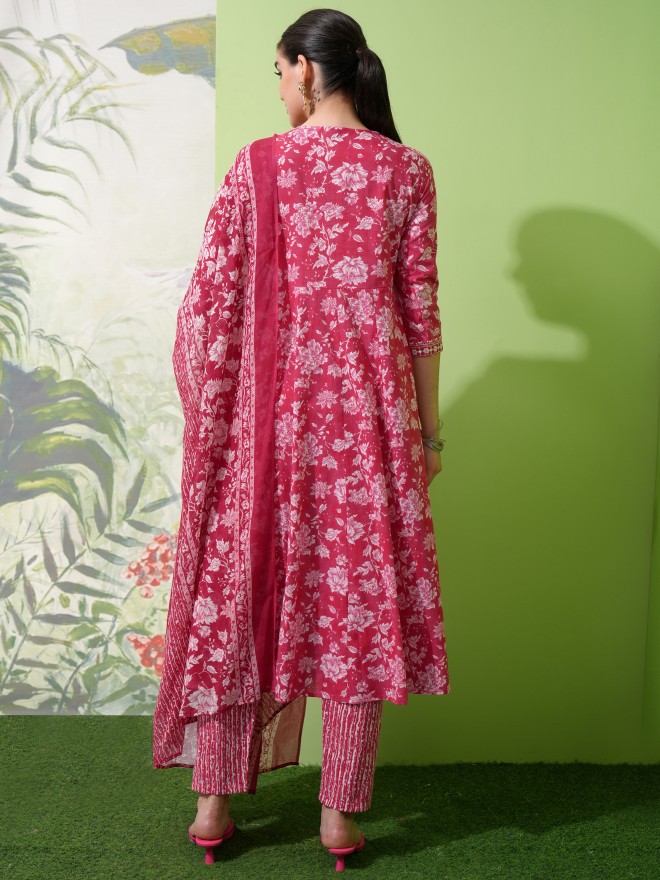 Vishudh Women Pink Printed Kurta With Trousers & Dupatta