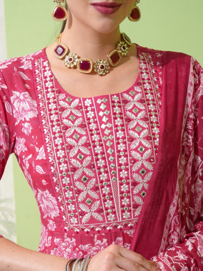 Vishudh Women Pink Printed Kurta With Trousers & Dupatta