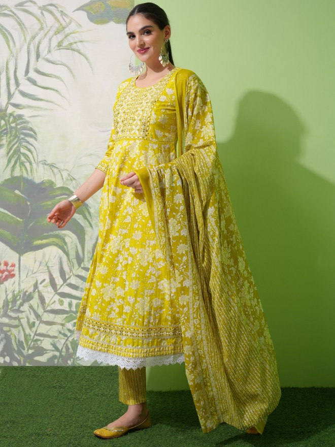 Vishudh Women Olive Printed Kurta With Trousers & Dupatta