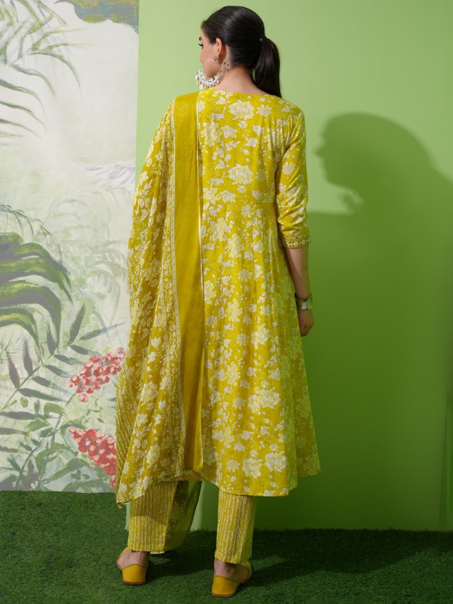 Vishudh Women Olive Printed Kurta With Trousers & Dupatta