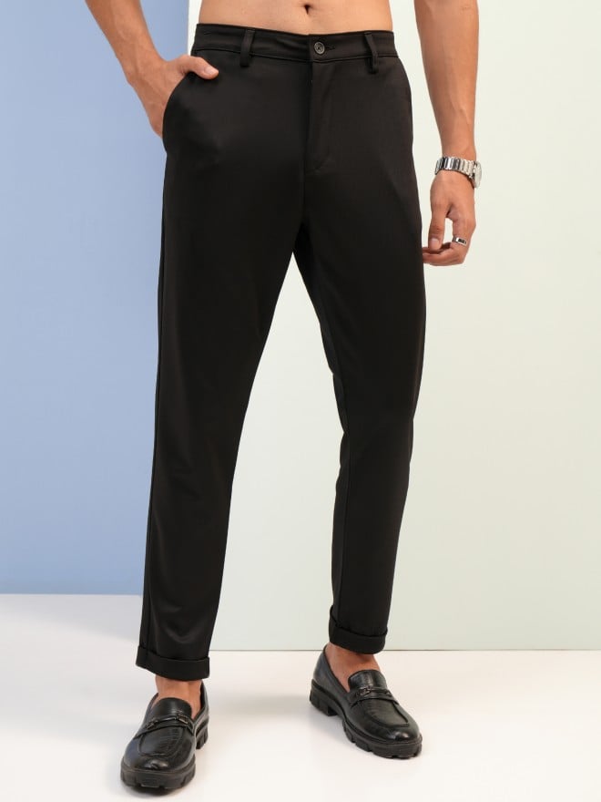 Highlander Men Black Tapered Fit Solid Casual Trousers Chinos 