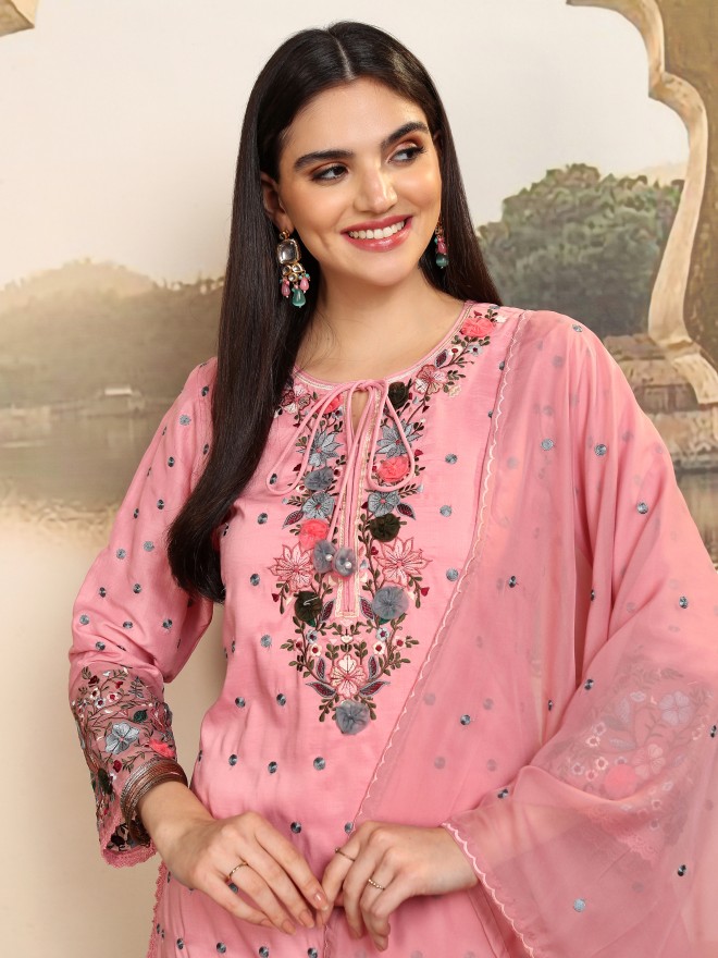 Vishudh Women Pink Embroidered Kurta With Sharara And Dupatta