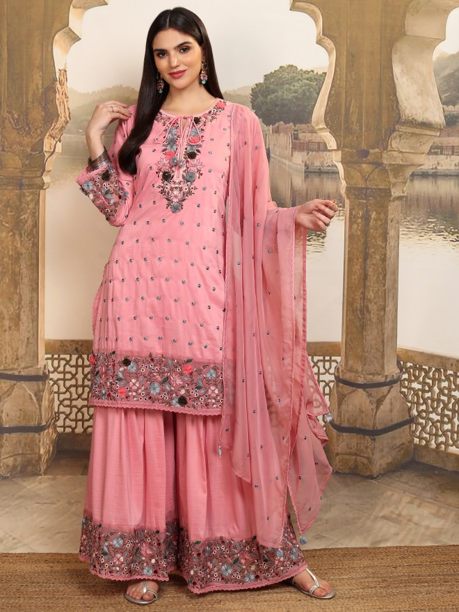 Vishudh Women Pink Embroidered Kurta With Sharara And Dupatta