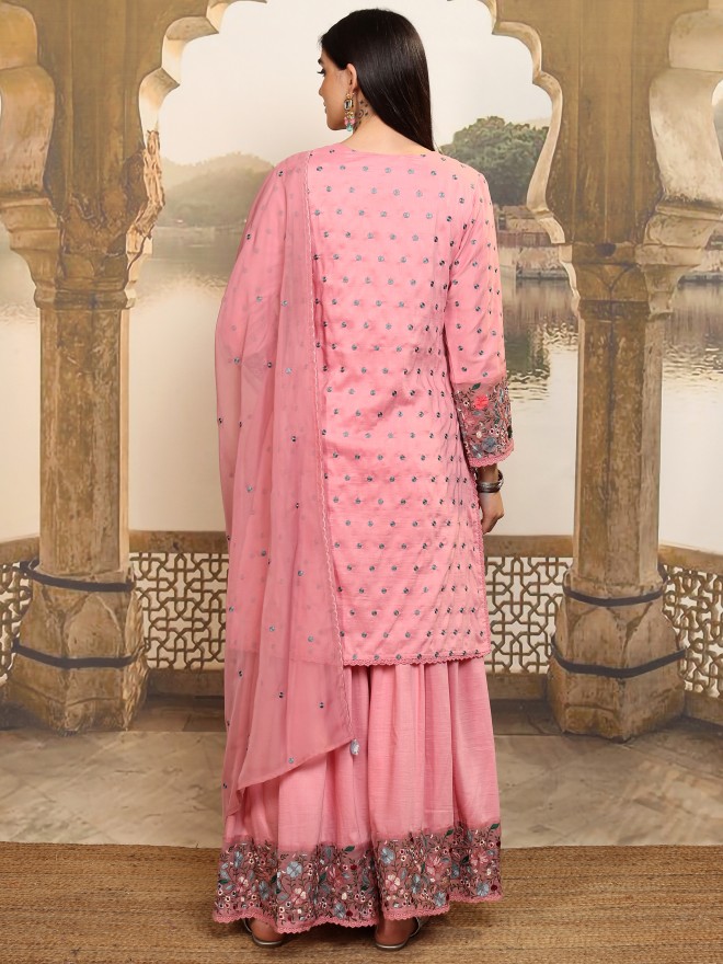 Vishudh Women Pink Embroidered Kurta With Sharara And Dupatta