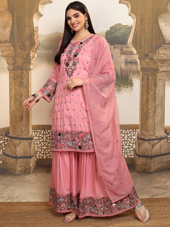 Vishudh Women Pink Embroidered Kurta With Sharara And Dupatta