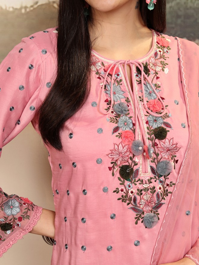 Vishudh Women Pink Embroidered Kurta With Sharara And Dupatta