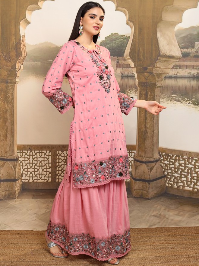 Vishudh Women Pink Embroidered Kurta With Sharara And Dupatta