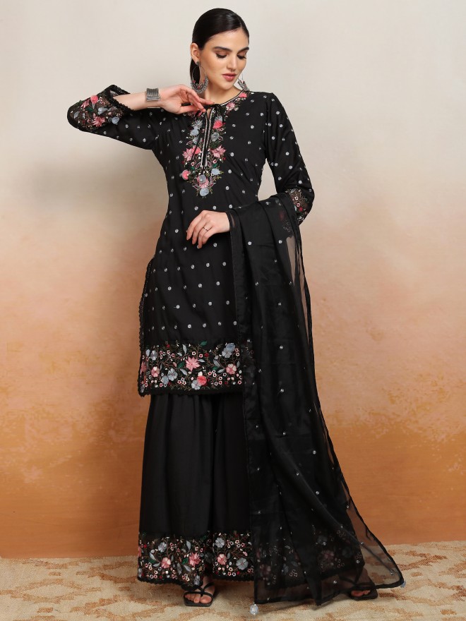 Vishudh Women Black Embroidered Kurta With Sharara And Dupatta