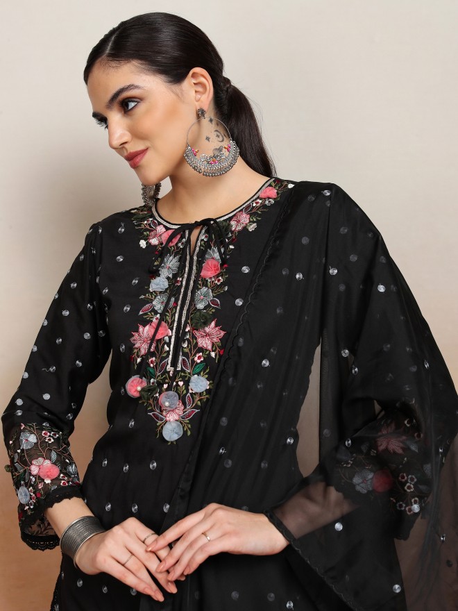 Vishudh Women Black Embroidered Kurta With Sharara And Dupatta