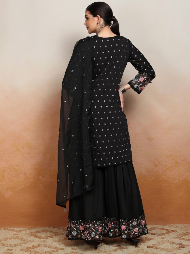 Vishudh Women Black Embroidered Kurta With Sharara And Dupatta