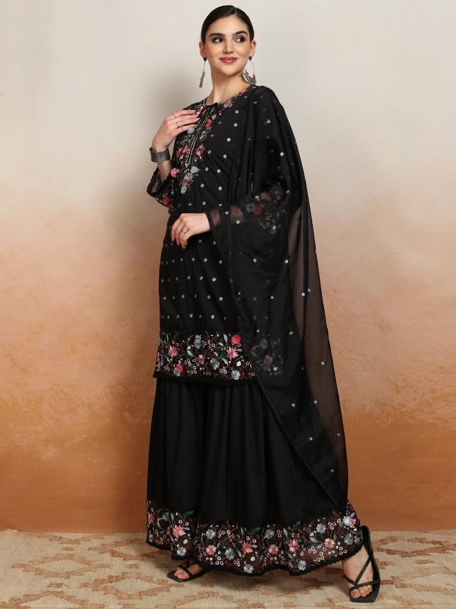 Vishudh Women Black Embroidered Kurta With Sharara And Dupatta