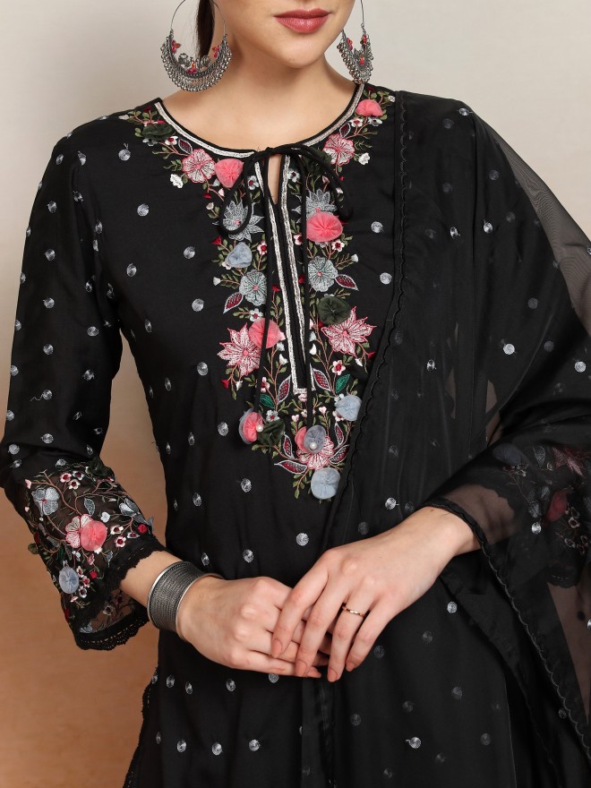 Vishudh Women Black Embroidered Kurta With Sharara And Dupatta