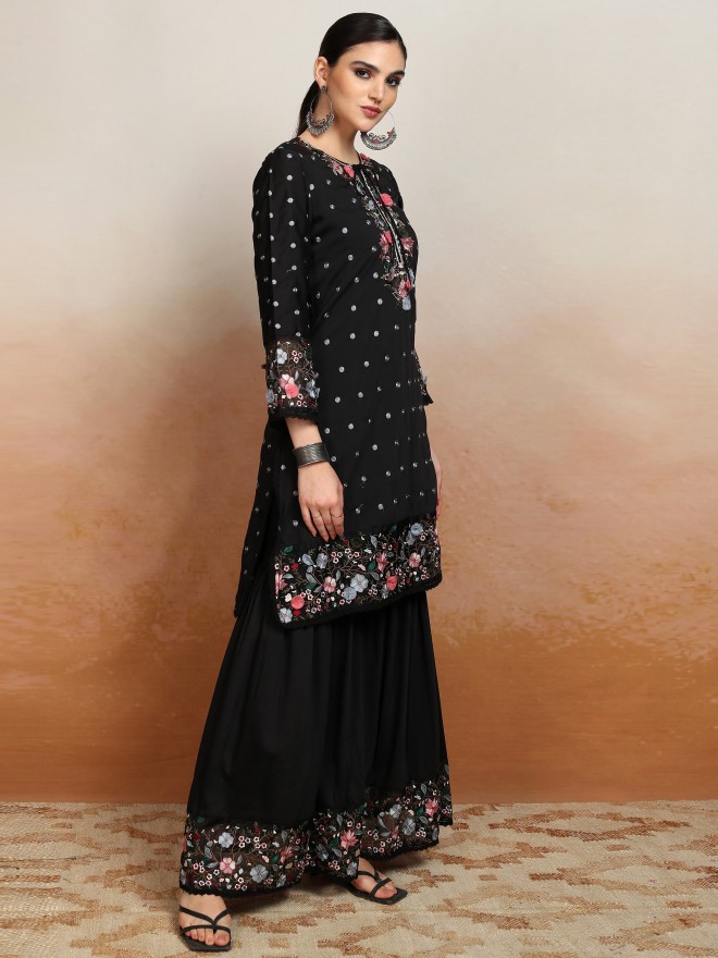 Vishudh Women Black Embroidered Kurta With Sharara And Dupatta