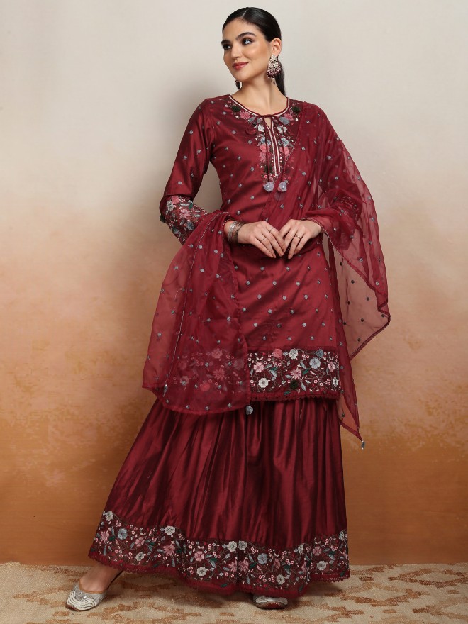 Vishudh Women Maroon Embroidered Kurta With Sharara And Dupatta