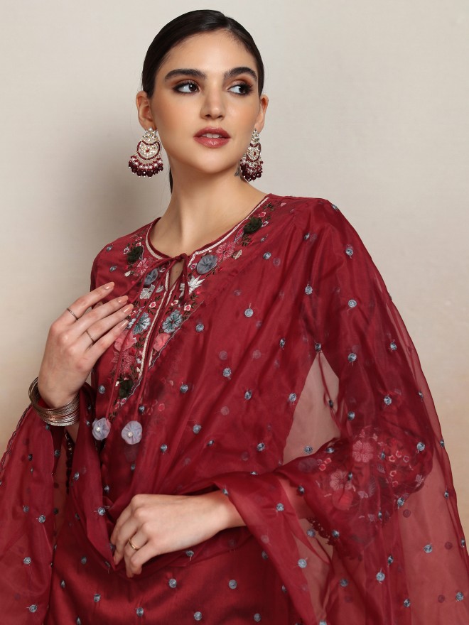 Vishudh Women Maroon Embroidered Kurta With Sharara And Dupatta