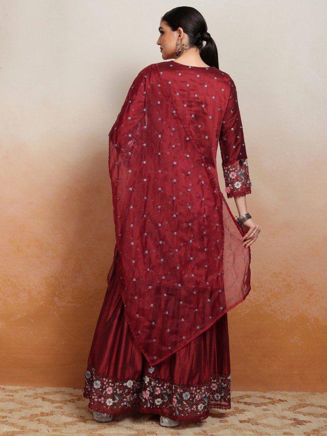 Vishudh Women Maroon Embroidered Kurta With Sharara And Dupatta