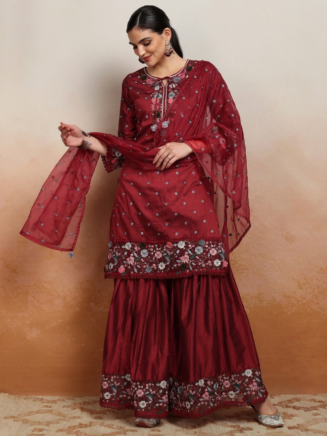 Vishudh Women Maroon Embroidered Kurta With Sharara And Dupatta