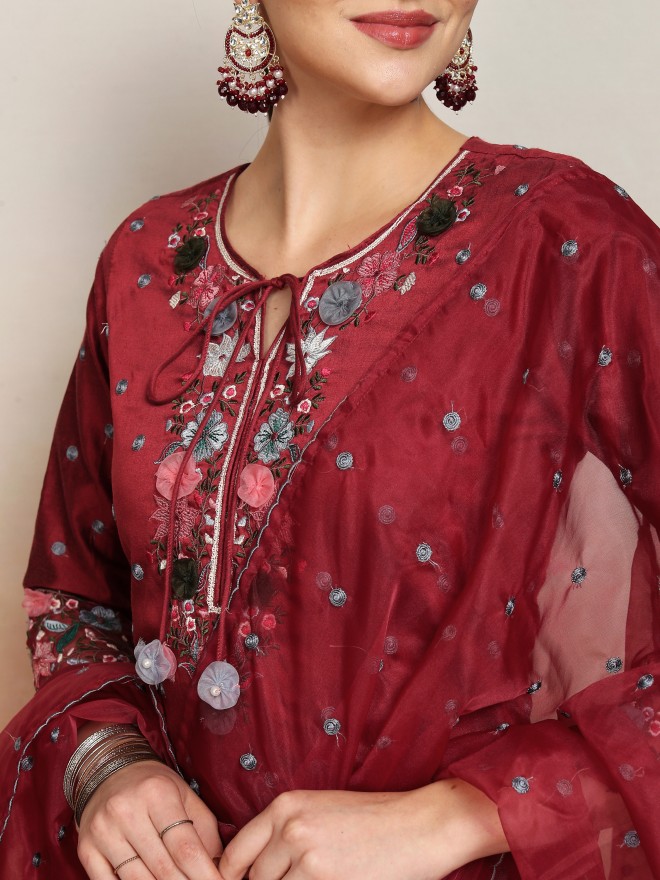 Vishudh Women Maroon Embroidered Kurta With Sharara And Dupatta