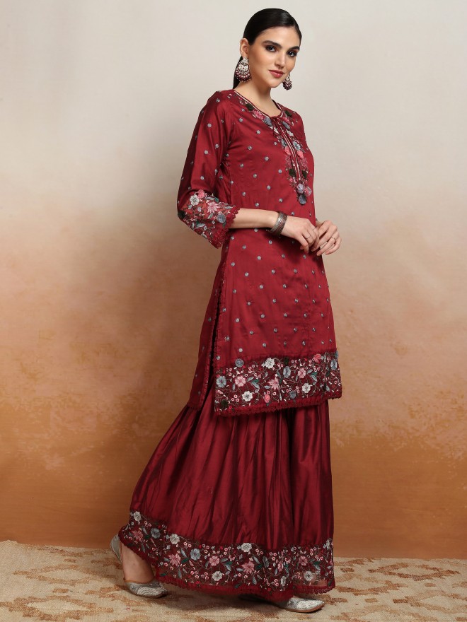 Vishudh Women Maroon Embroidered Kurta With Sharara And Dupatta