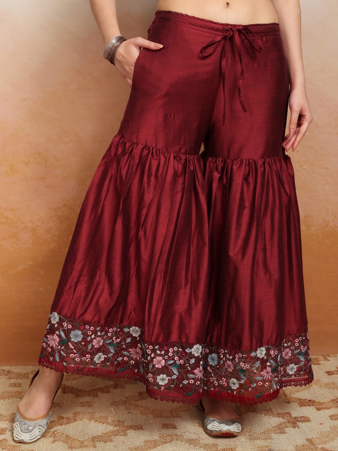 Vishudh Women Maroon Embroidered Kurta With Sharara And Dupatta