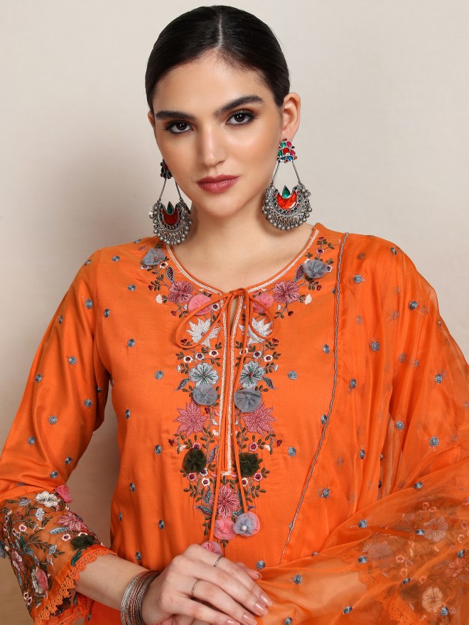 Vishudh Women Orange Embroidered Kurta With Sharara And Dupatta