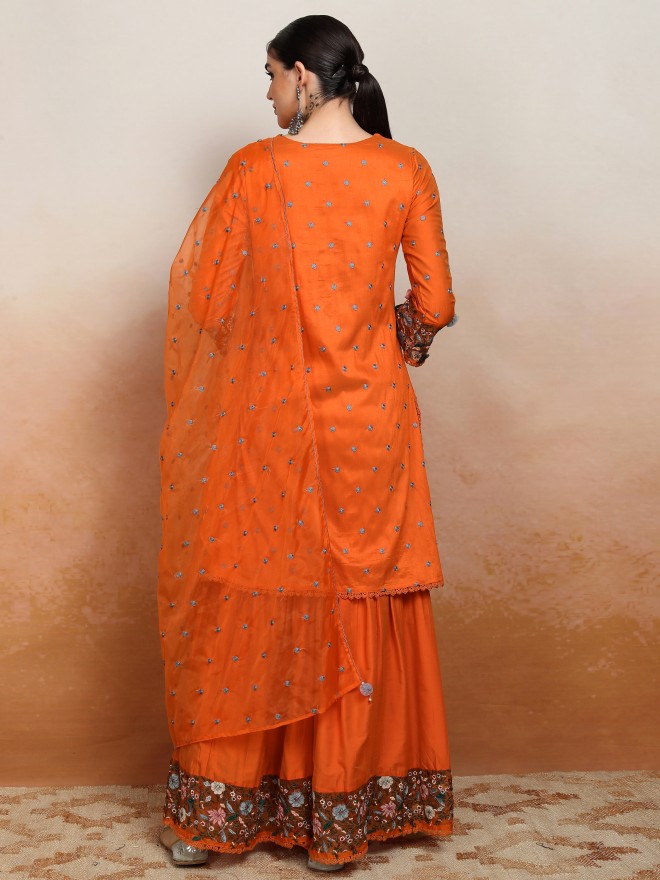 Vishudh Women Orange Embroidered Kurta With Sharara And Dupatta