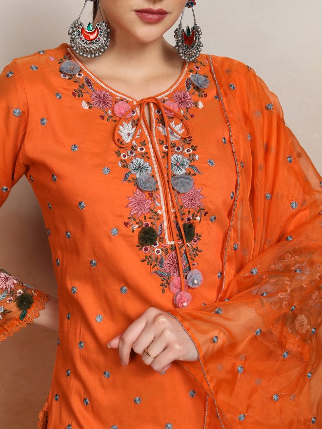 Vishudh Women Orange Embroidered Kurta With Sharara And Dupatta