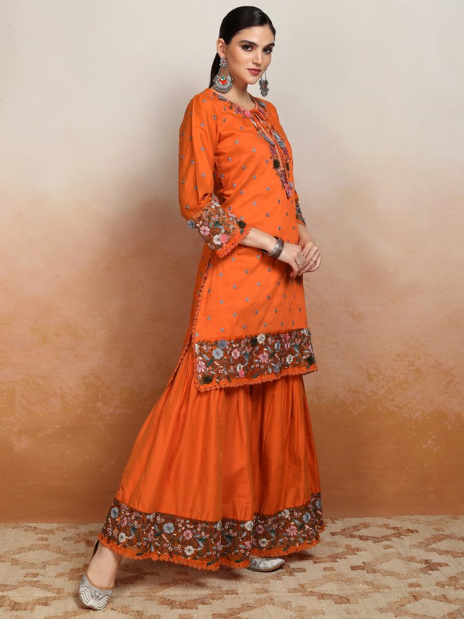 Vishudh Women Orange Embroidered Kurta With Sharara And Dupatta