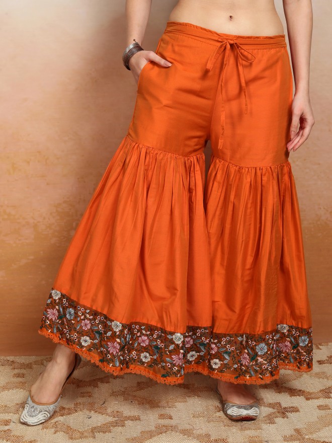 Vishudh Women Orange Embroidered Kurta With Sharara And Dupatta