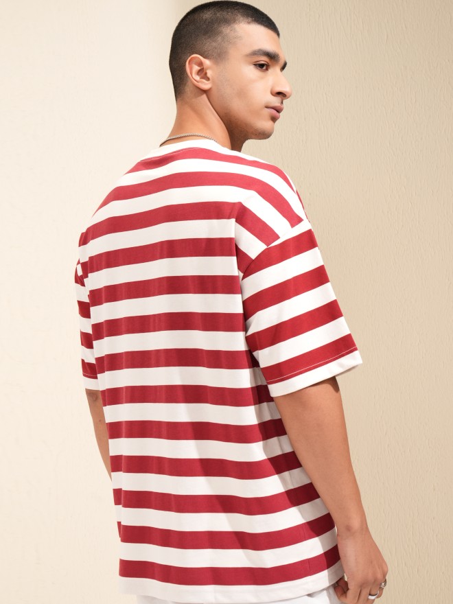 Buy Highlander Off White Striped Round Neck Oversized Fit T-Shirt for ...