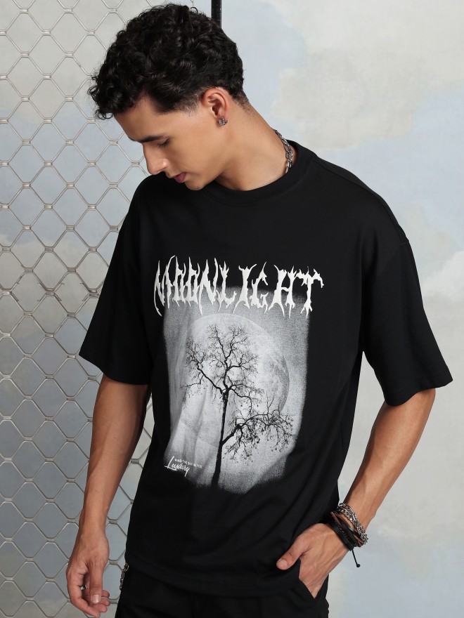 Highlander Men Black Printed Round Neck Oversized Fit T-Shirt