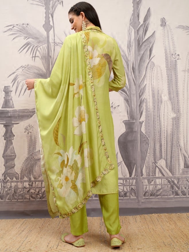 Vishudh Women Green Printed Kurta With Trousers And Dupatta