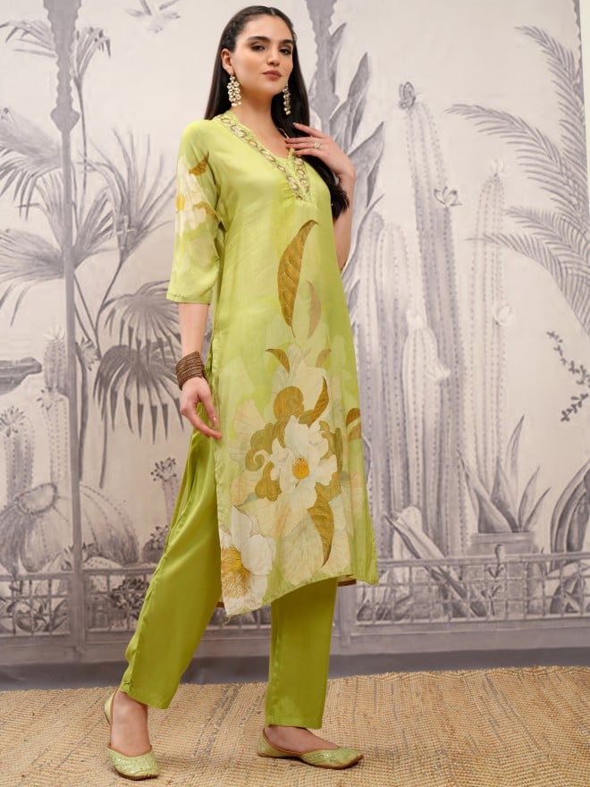 Vishudh Women Green Printed Kurta With Trousers And Dupatta