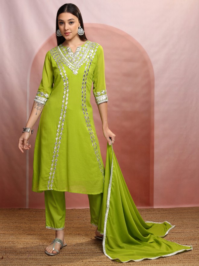 Vishudh Women Green Embroidered Kurta With Trousers And Dupatta