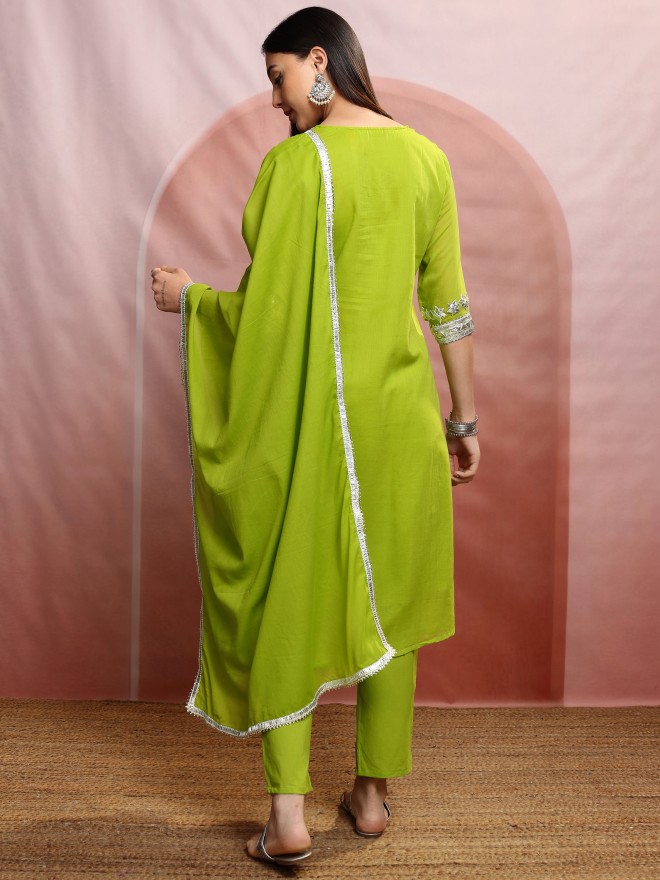 Vishudh Women Green Embroidered Kurta With Trousers And Dupatta