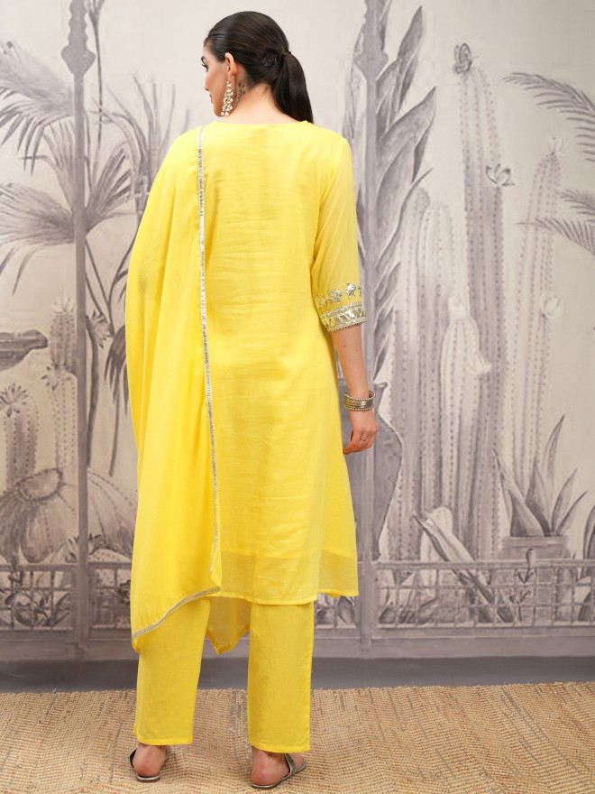 Vishudh Women Yellow Embroidered Kurta With Trousers And Dupatta