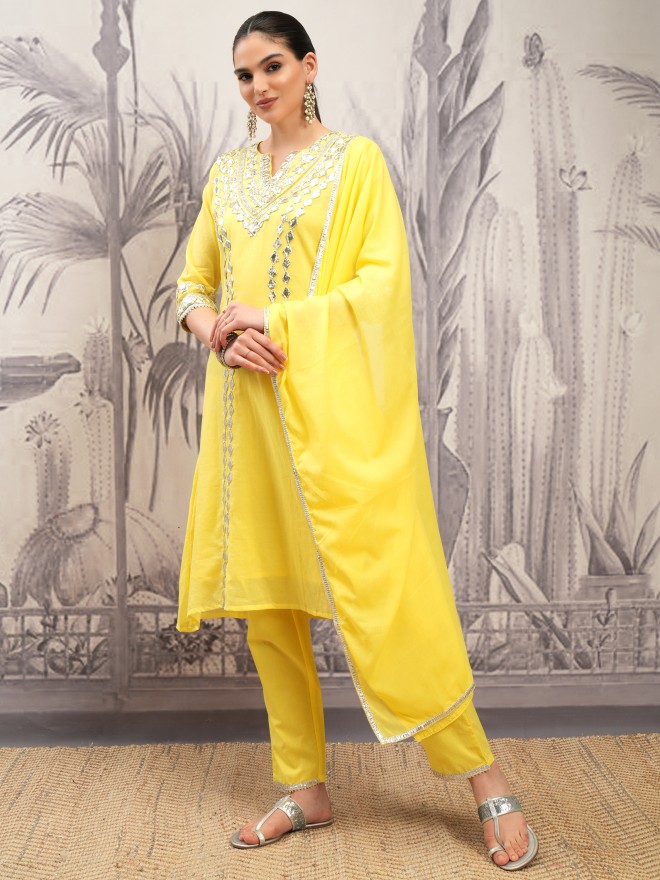 Vishudh Women Yellow Embroidered Kurta With Trousers And Dupatta